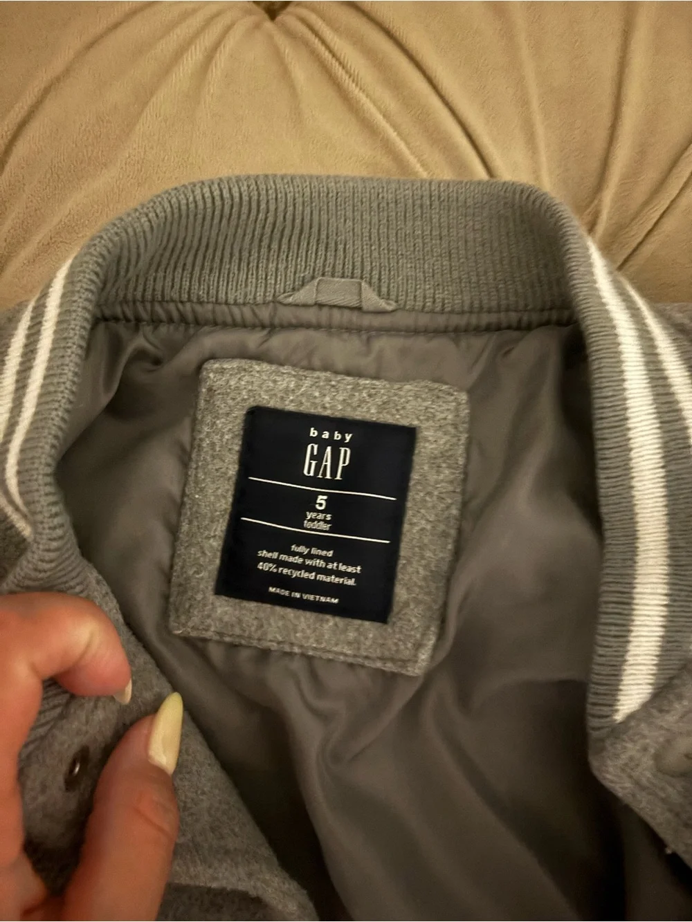 GAP Kids Gray Wool-Blend Varsity Bomber Jacket with Striped Trim